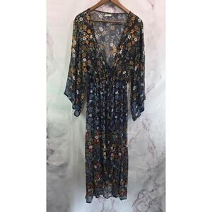 Floreat Dress Womens Small Black Floral Midi Kimono Cover Up Topper Long